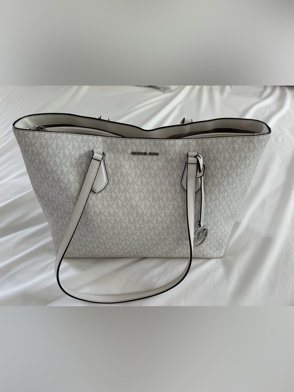 Michael Kors White MK Signature Tote with Silver Hardware